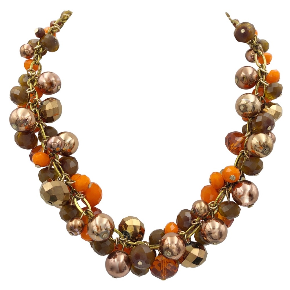 Orange Brown Gold Glass Bead Cluster Necklace